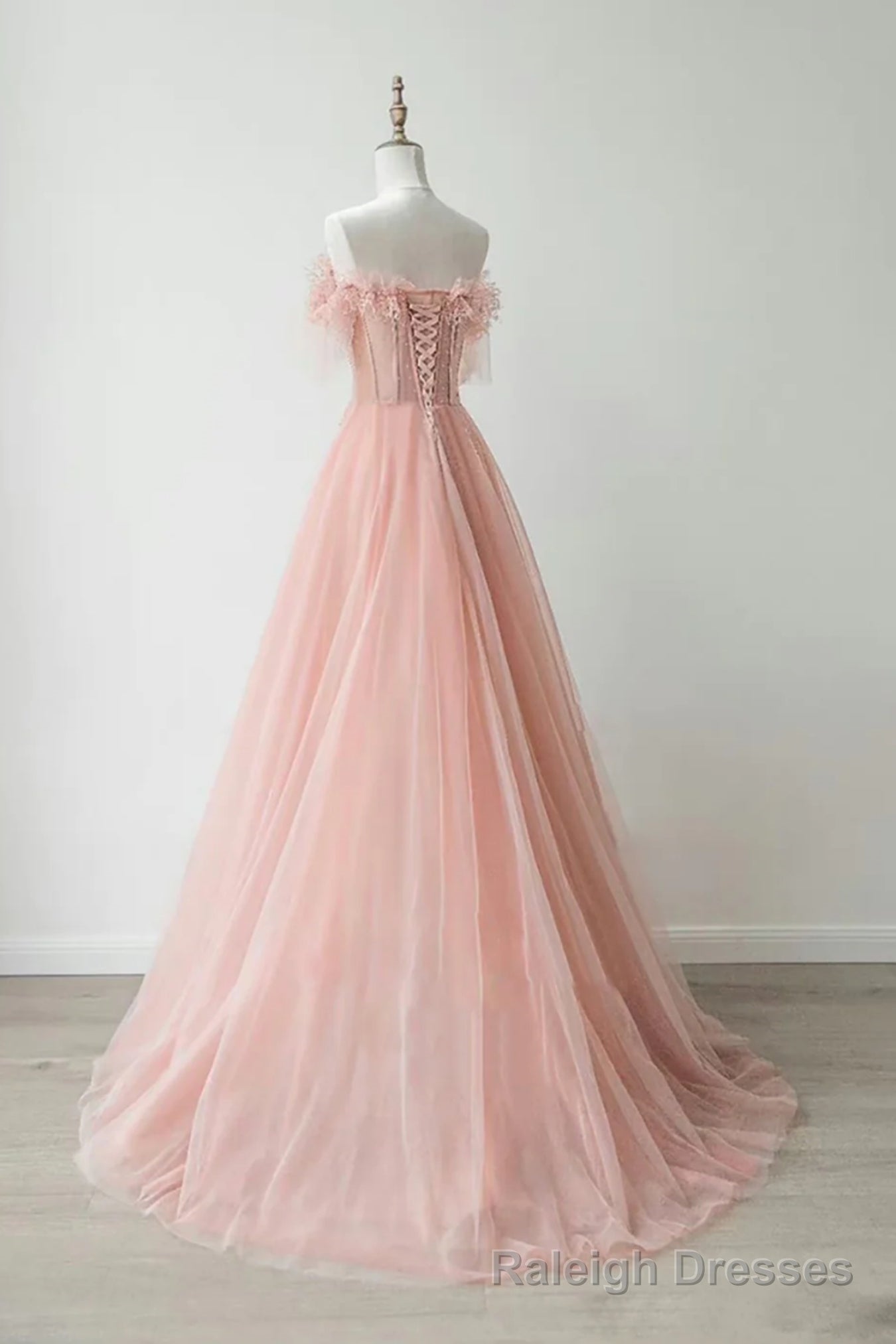 Pink Tulle Strapless Lace Long Prom Dresses, Pink Lace Formal Dresses, Long Pink Evening Dresses Secondary image
