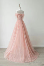 Pink Tulle Strapless Lace Long Prom Dresses, Pink Lace Formal Dresses, Long Pink Evening Dresses