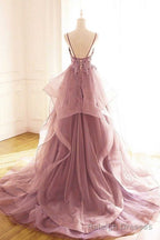 Princess Dark Pink Tulle Long With Lace Ruffle A Line Prom Dresses