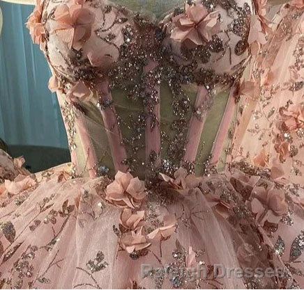 Princess Sparkly Sweetheart Prom Dress with 3d Flowers Pink Quinceanera Dress