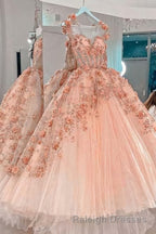 Princess Sparkly Sweetheart Prom Dresses with 3d Flowers, Pink Quinceanera Dresses