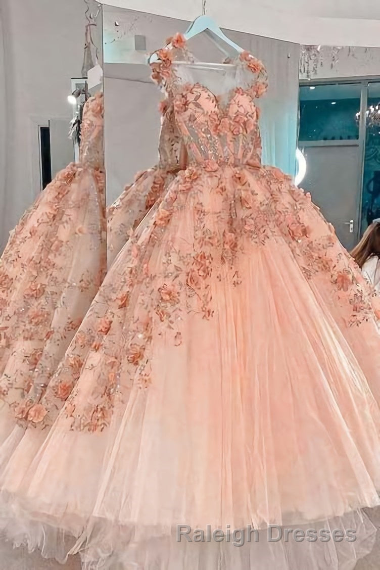 Princess Sparkly Sweetheart Prom Dress with 3d Flowers Pink Quinceanera Dress