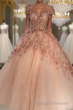 Princess Sparkly Sweetheart Prom Dresses with 3d Flowers, Pink Quinceanera Dresses