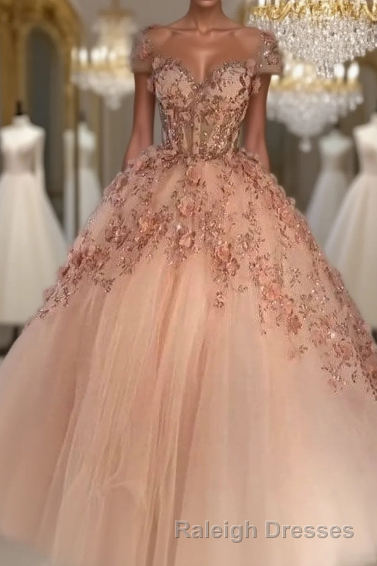 Princess Sparkly Sweetheart Prom Dresses with 3d Flowers, Pink Quinceanera Dresses