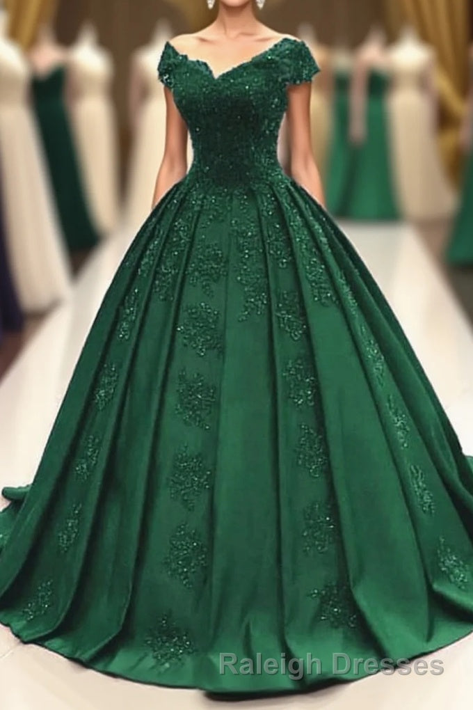 ball gown satin  lace v neck prom dresses Main image