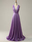 Purple A-Line V-Neck Long Glitter Prom Dress With Pleating