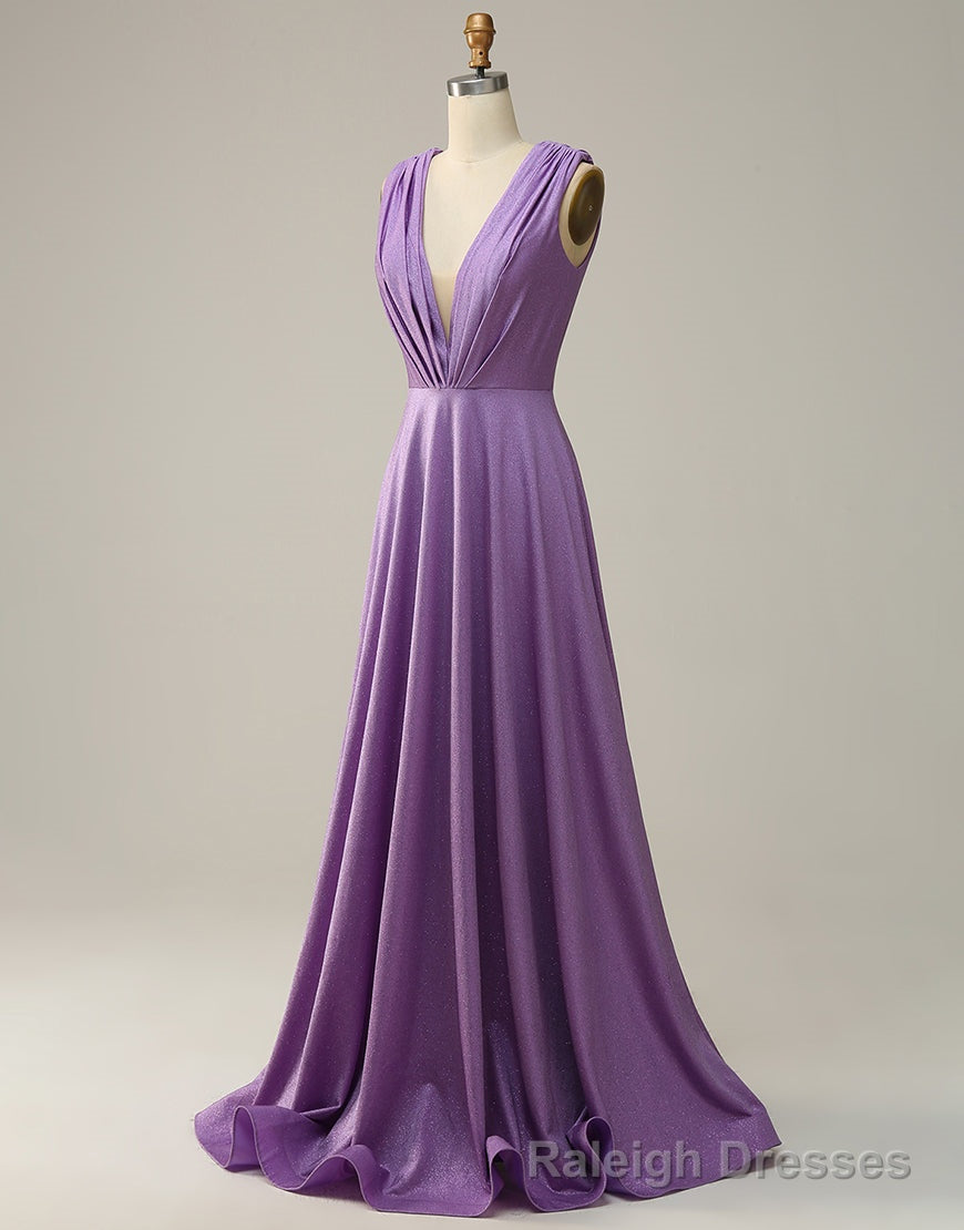 Purple A-Line V-Neck Long Glitter Prom Dress With Pleating