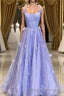 Purple Spaghetti Straps Long A line Prom Gown Handmade Flower Evening Dress