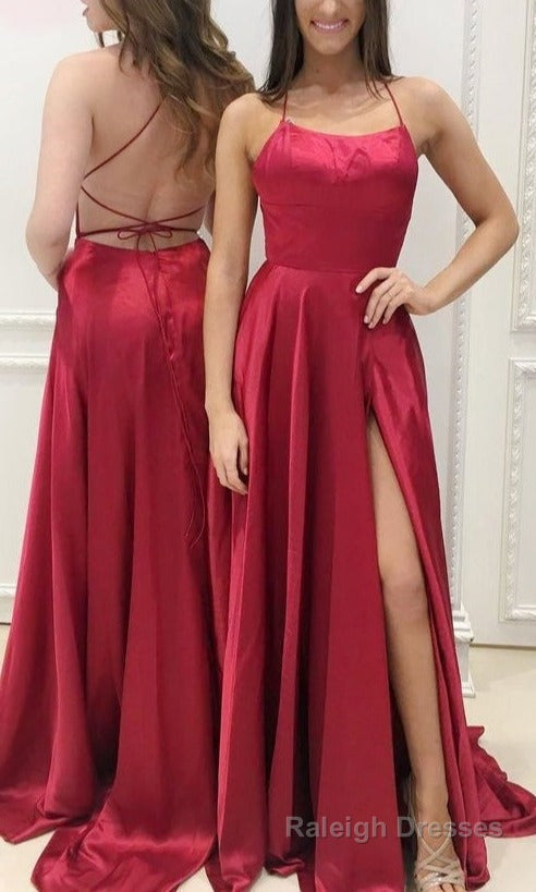 Casual Red Simple Spaghetti Straps Backless Sweep Train Backless Prom Dresses With Pockets Main image