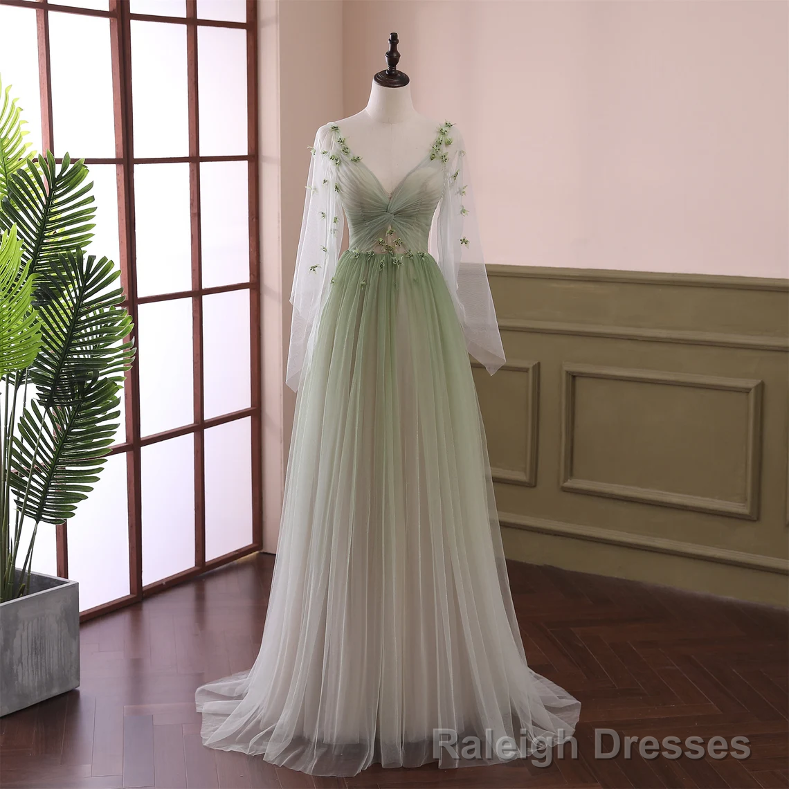 Beautiful Gradient Tulle Green Beaded Long Sleeves Party Dress, Green Formal Dress Secondary image