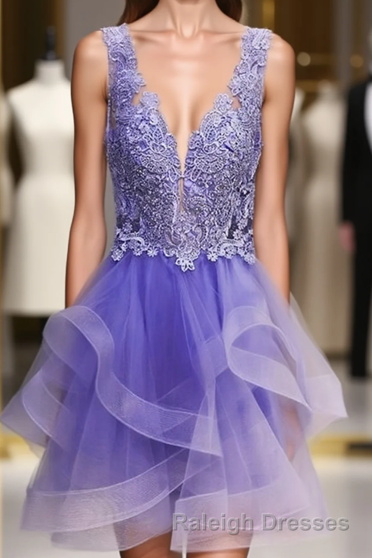 Purple Lace V-Neckline Short Homecoming Dress, Purple Short Prom Dress