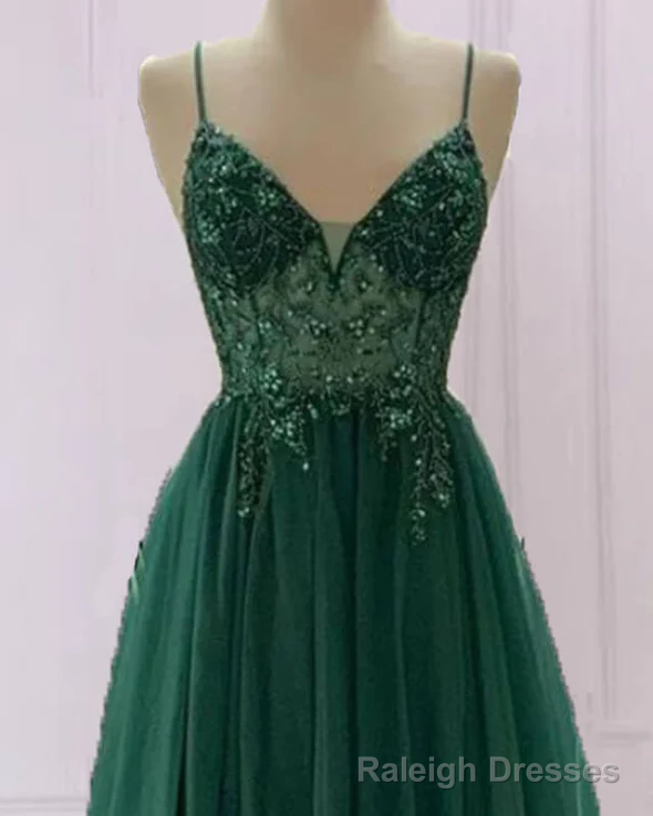 Emerald Green Tulle Prom Dress Beaded V Neck Main image