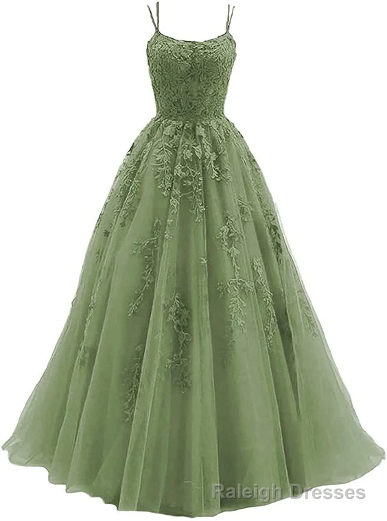 Green Lace Applique Tulle Long Straps Cross Back Long Party Dress, Green Junior Prom Dress