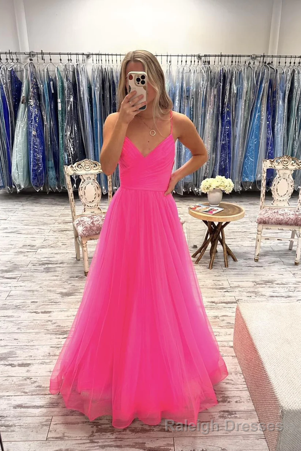 V Neck Hot Pink Tulle Long Prom Dresses, Hot Pink Tulle Long Formal Evening Dresses Secondary image