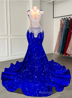 Mermaid Style Royal Blue Long Prom Dresses,Luxury Sparkly Crystals Diamond Black Girls