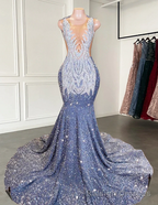 Long Mermaid Prom Dresses Sparkly Diamond Sheer Scoop Neckline Silver Sequined Black Girl Prom Formal Gown