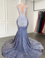Long Mermaid Prom Dresses Sparkly Diamond Sheer Scoop Neckline Silver Sequined Black Girl Prom Formal Gown