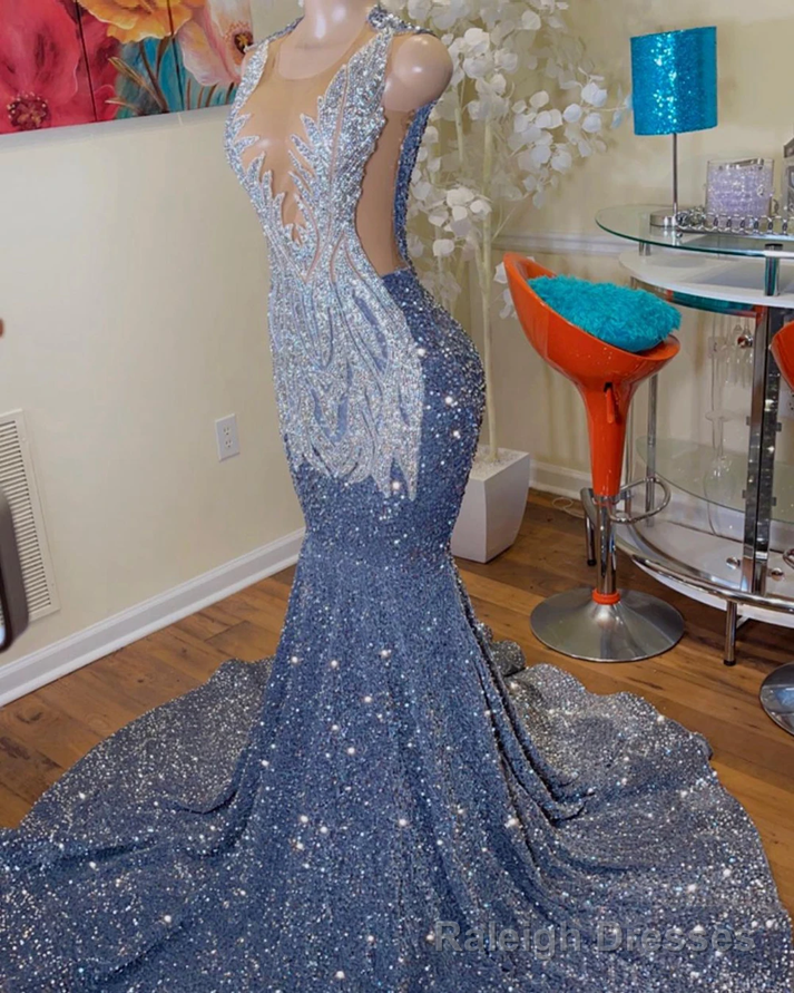 Long Mermaid Prom Dresses Sparkly Diamond Sheer Scoop Neckline Silver Sequined Black Girl Prom Formal Gown Secondary image