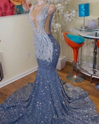 Long Mermaid Prom Dresses Sparkly Diamond Sheer Scoop Neckline Silver Sequined Black Girl Prom Formal Gown