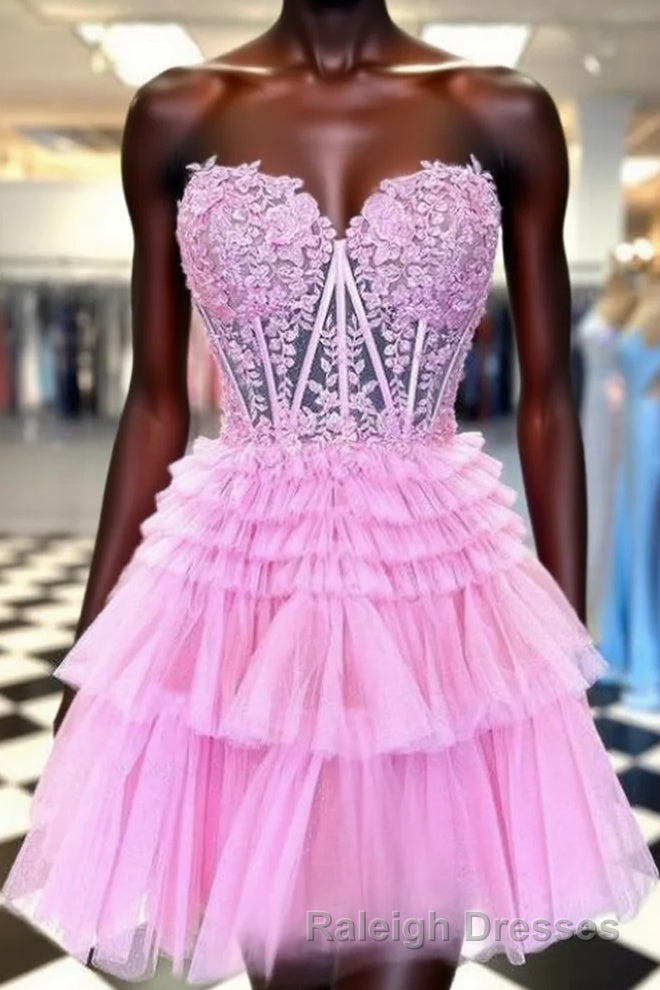 Strapless Sheer Lace Corset Homecoming Dress with Ruffle Tulle Skirt Main image