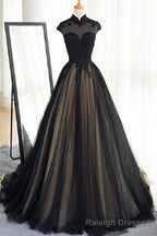 Black Tulle Cap Sleeves Floor Length Long Prom Dresses, Luxury Dresses
