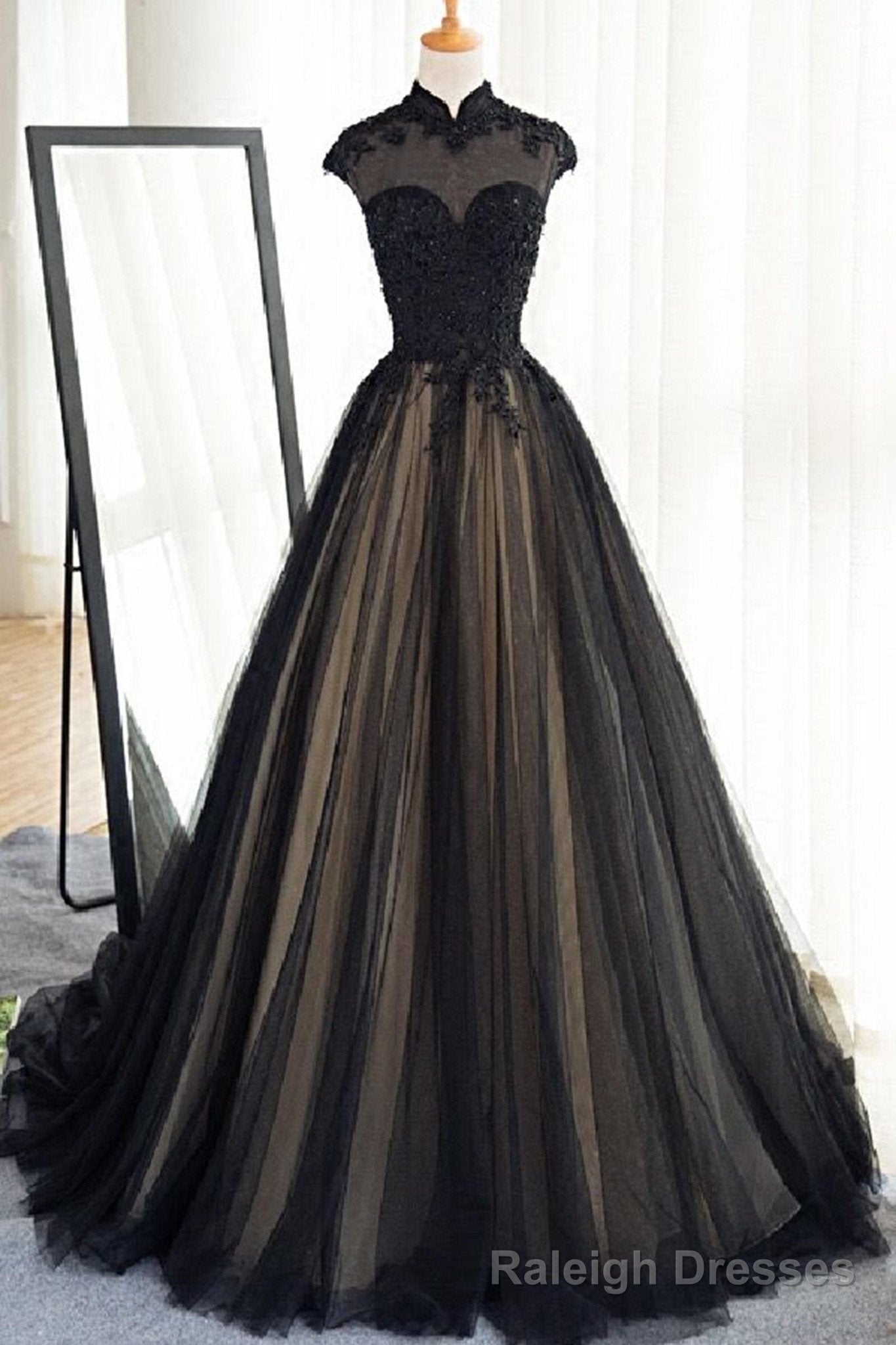 Black Tulle Cap Sleeves Floor Length Long Prom Dresses, Luxury Dresses