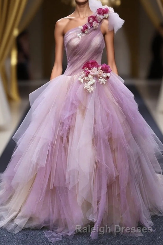 Puffy One Shoulder Sleeveless Tulle Prom Dress with Flowers, Ruffles Quinceanera Dress