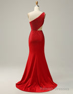 Red Mermaid One Shoulder Long Glitter Prom Dress With Split