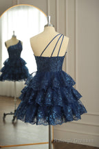 Dark Navy One Shoulder Appliques Multi-Layers Tulle Homecoming Dress