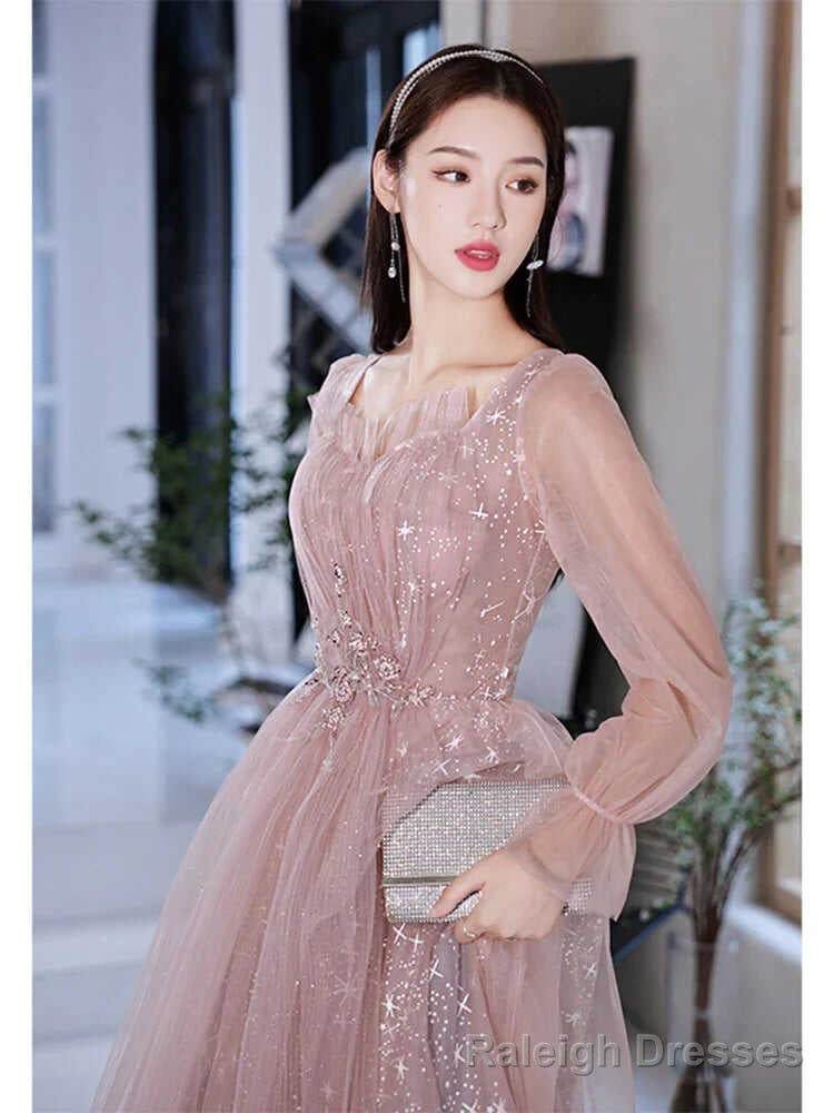 Pink Prom Gowns Long Sleeves For Graudation Party Shiny Star Glitter A-Line Floor-Length Tulle Women Formal Evening Dresses Secondary image