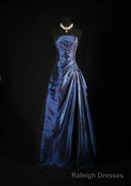 Vintage Ball Gowns Strapless Navy Blue Satin Long Prom Dress