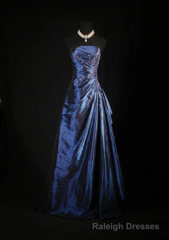 Vintage Ball Gown Strapless Navy Blue Satin Long Prom Dresses Party Dress Main image