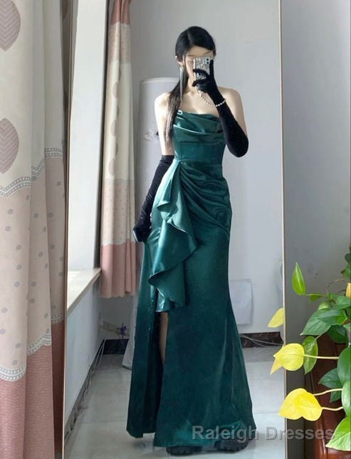 Pretty Sheath Strapless Floor Length Ruffles Slit Green Satin Prom Dresses Secondary image