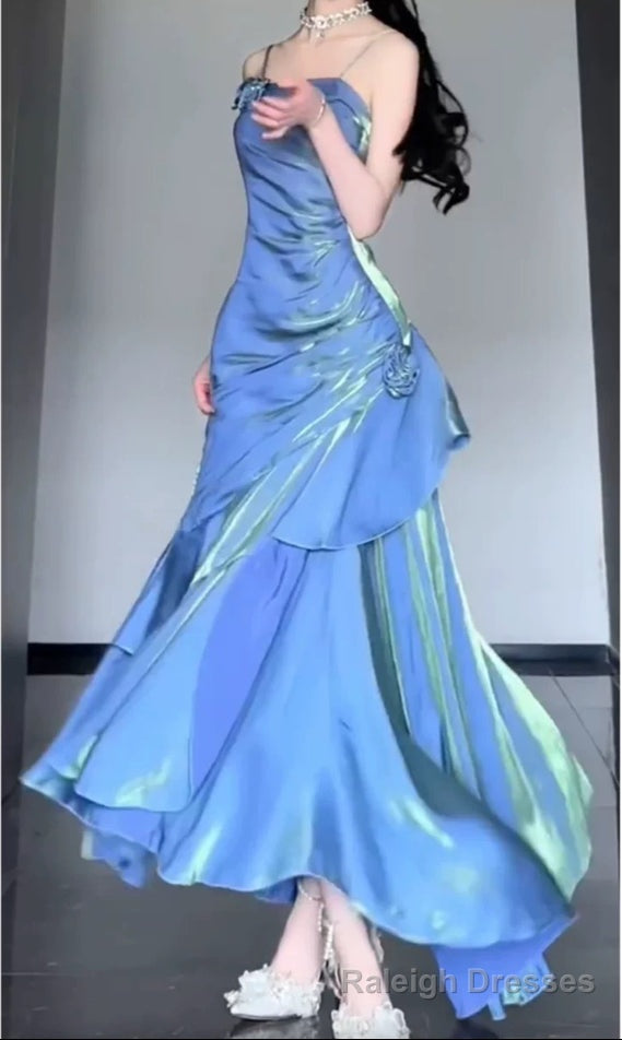 Blue Satin Long Straps Prom Dress Wine Red A Line Prom Dress Secondary image