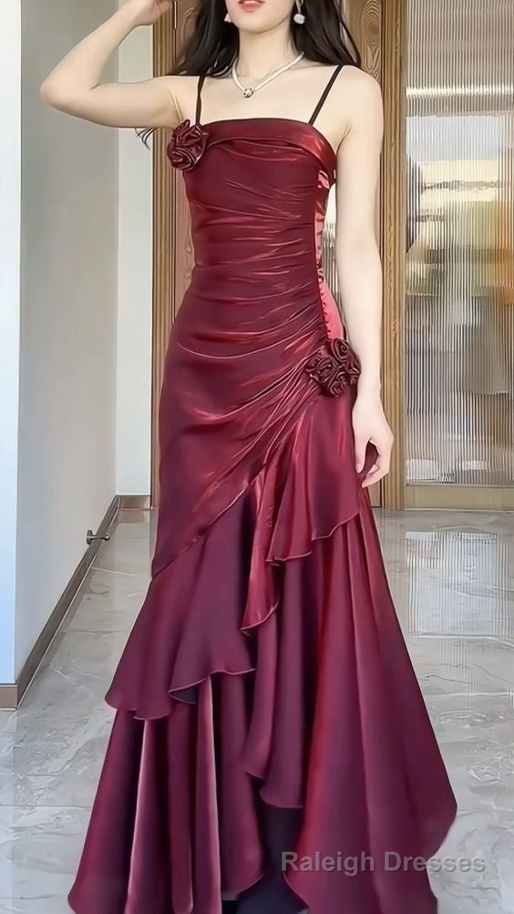 Wine Red Satin Long Straps Prom Dress Wine Red A Line Prom Dress Secondary image