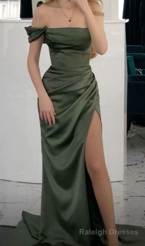 Sexy Mermaid Off The Shoulder Green Long Prom Dress Satin Slit Prom Dresses