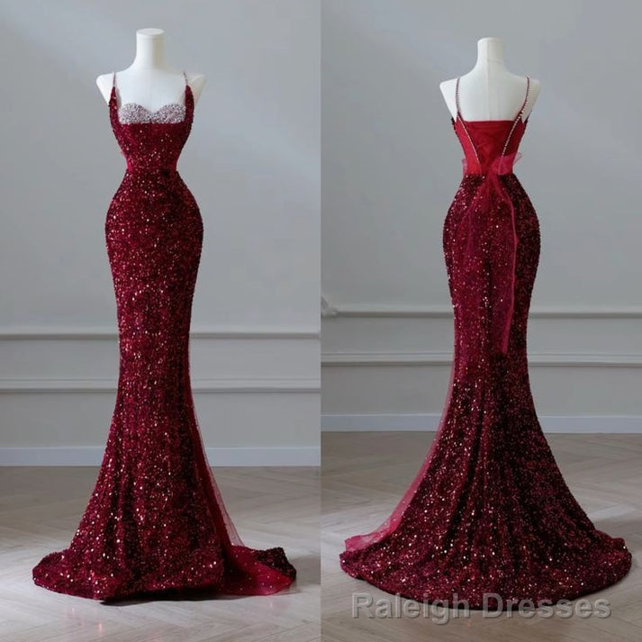 Sexy Mermaid Spaghetti Straps Sequin Burgundy Long Prom Dresses