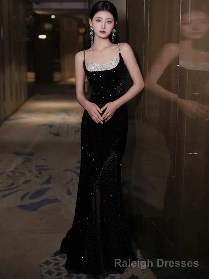 Black Sexy Mermaid Spaghetti Straps Sequin Long Prom Dresses Main image