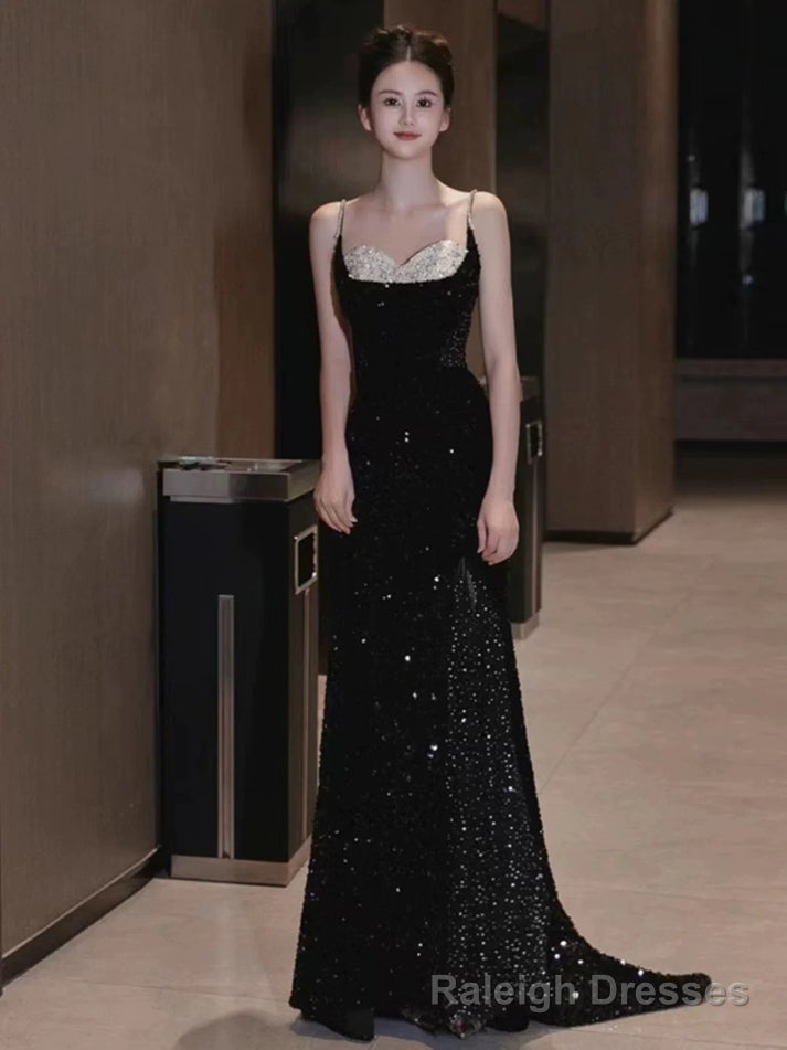 Black Sexy Mermaid Spaghetti Straps Sequin Long Prom Dresses