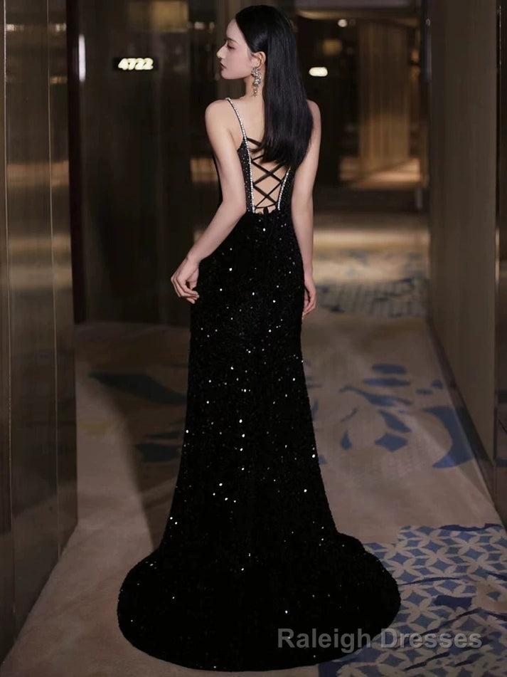 Black Sexy Mermaid Spaghetti Straps Sequin Long Prom Dresses