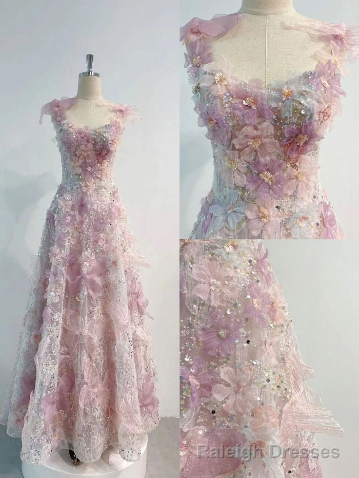 A line 3D Floral lace skirt tulle bodice Floor Length prom dresses
