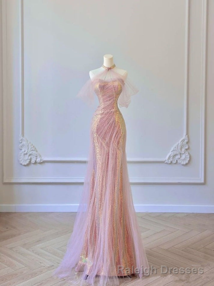 Sexy Mermaid Halter Pink Sequin Long Prom Dress Formal Dress Main image