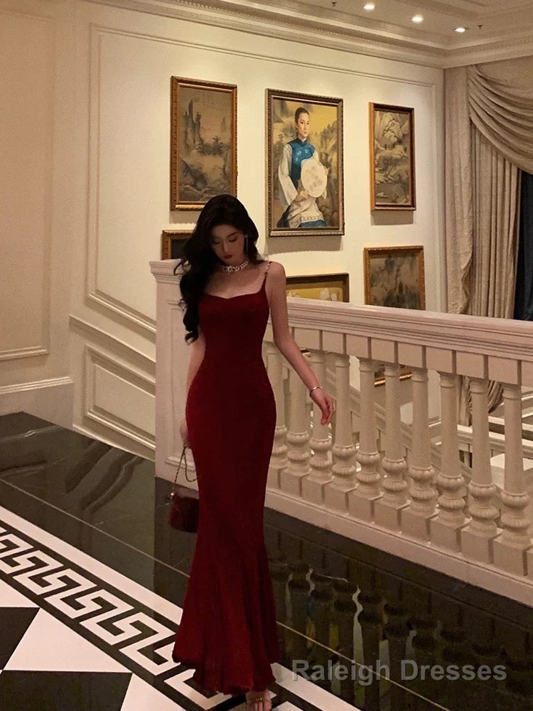 Sexy Sheath Spaghetti Straps Red Long Prom Dresses Birthday Dress