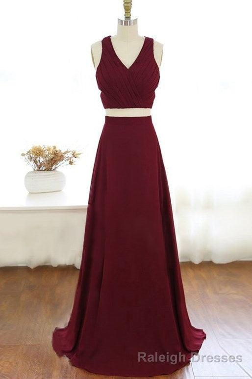Two Piece V Neck Long Burgundy Chiffon Prom Dress Evening Dress Main image