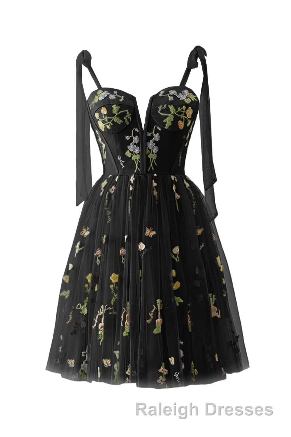 Green Floral Tulle A-line Short Dress with Tie Shoulders