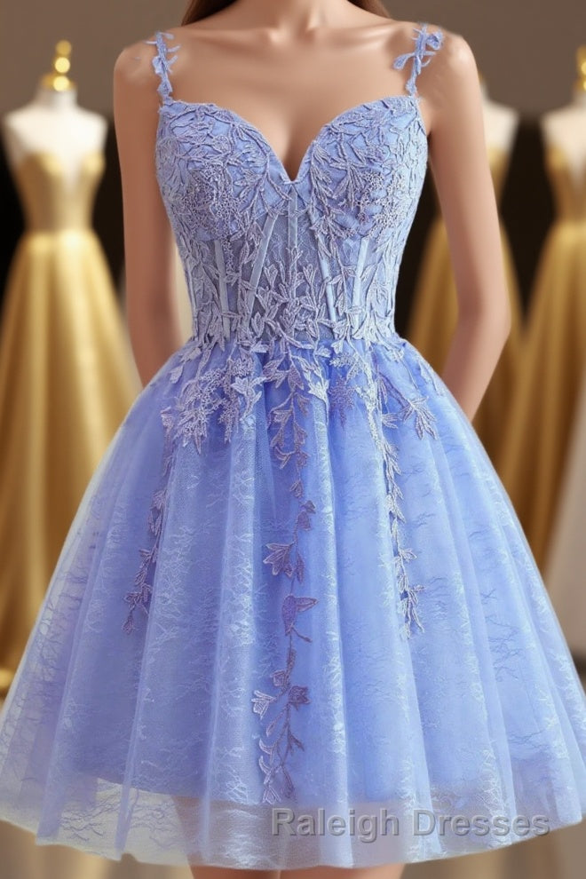 Straps Periwinkle Lace Appliques A-line Short Dress Main image