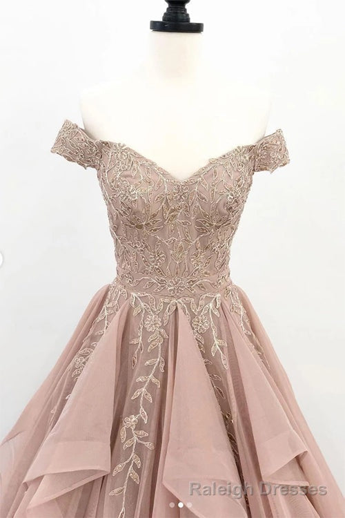 Organza Lace Off Shoulder A Line Cheap Long Prom Dresses Secondary image