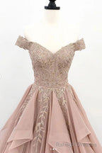 Organza Lace Off Shoulder A Line Cheap Long Prom Dresses