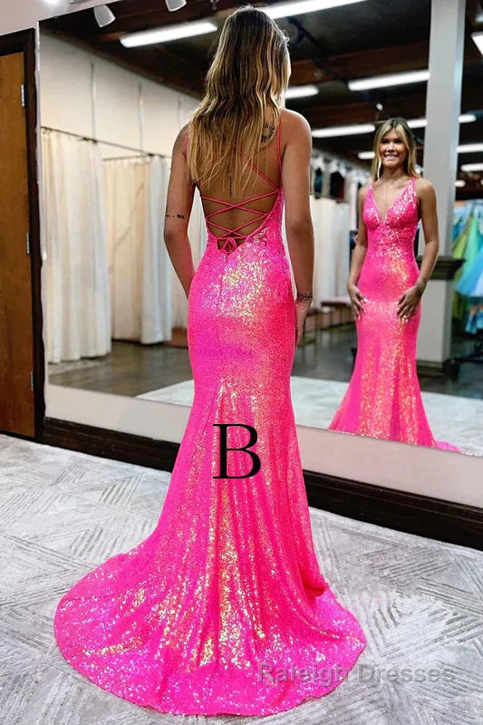 Lavender V Neck Mermaid Prom Dress, Sparkly Sequined Long Prom Gowns