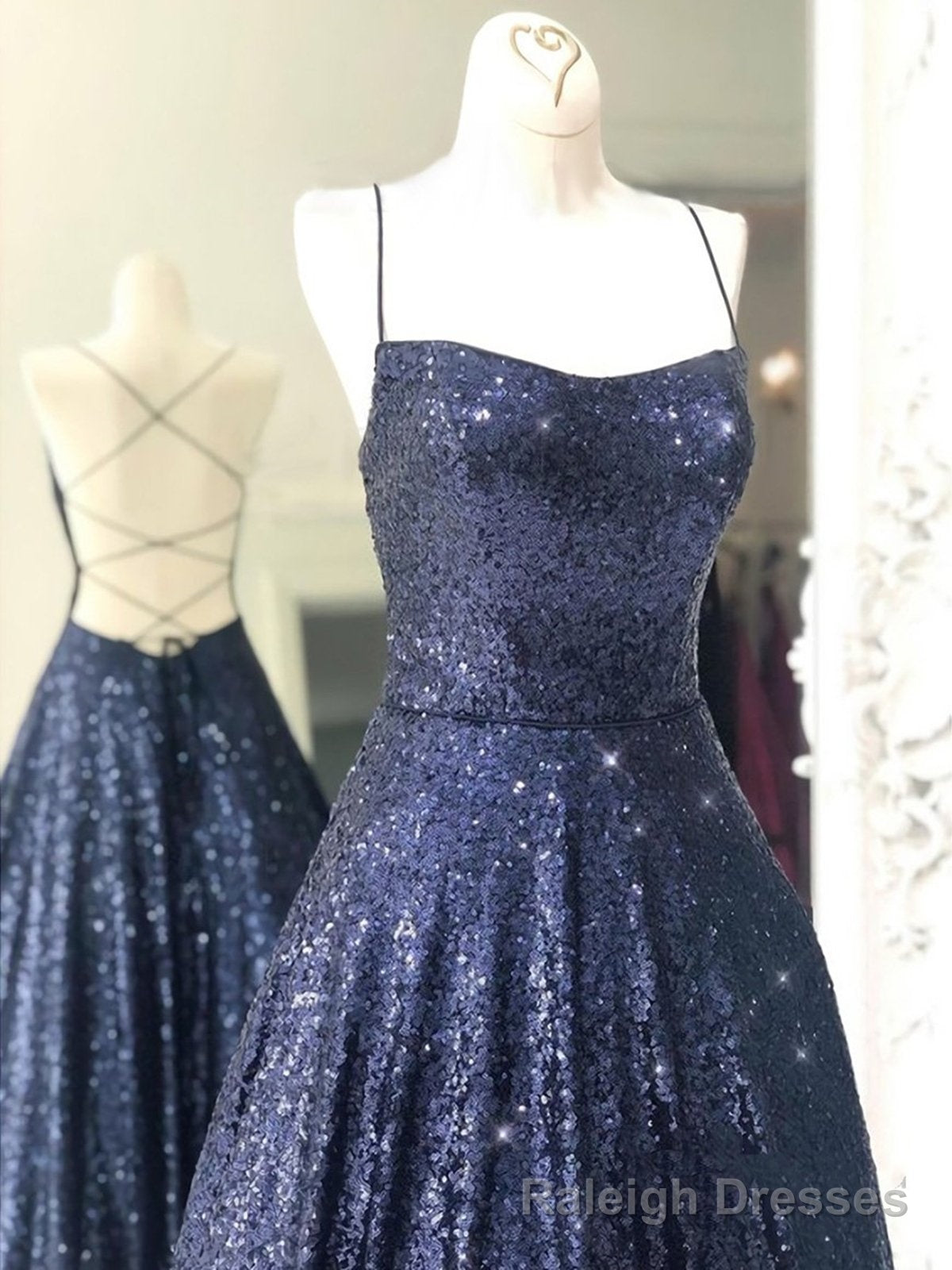 Shiny Backless Navy Blue Long Shiny Open Back Navy Blue Long Prom Dresses